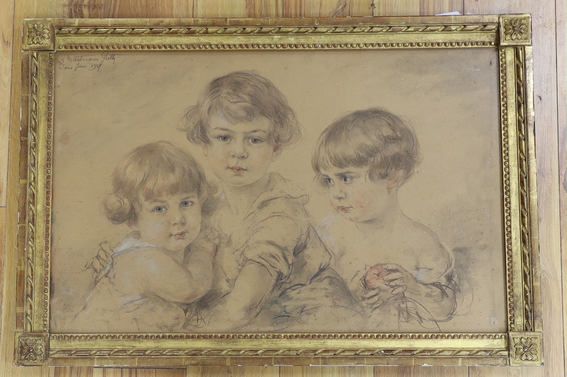 Rosina Mantovani Gutti (Italian, 1851-1943), conte crayon, Portrait of three children, signed and dated Paris 1926, 49 x 77cm